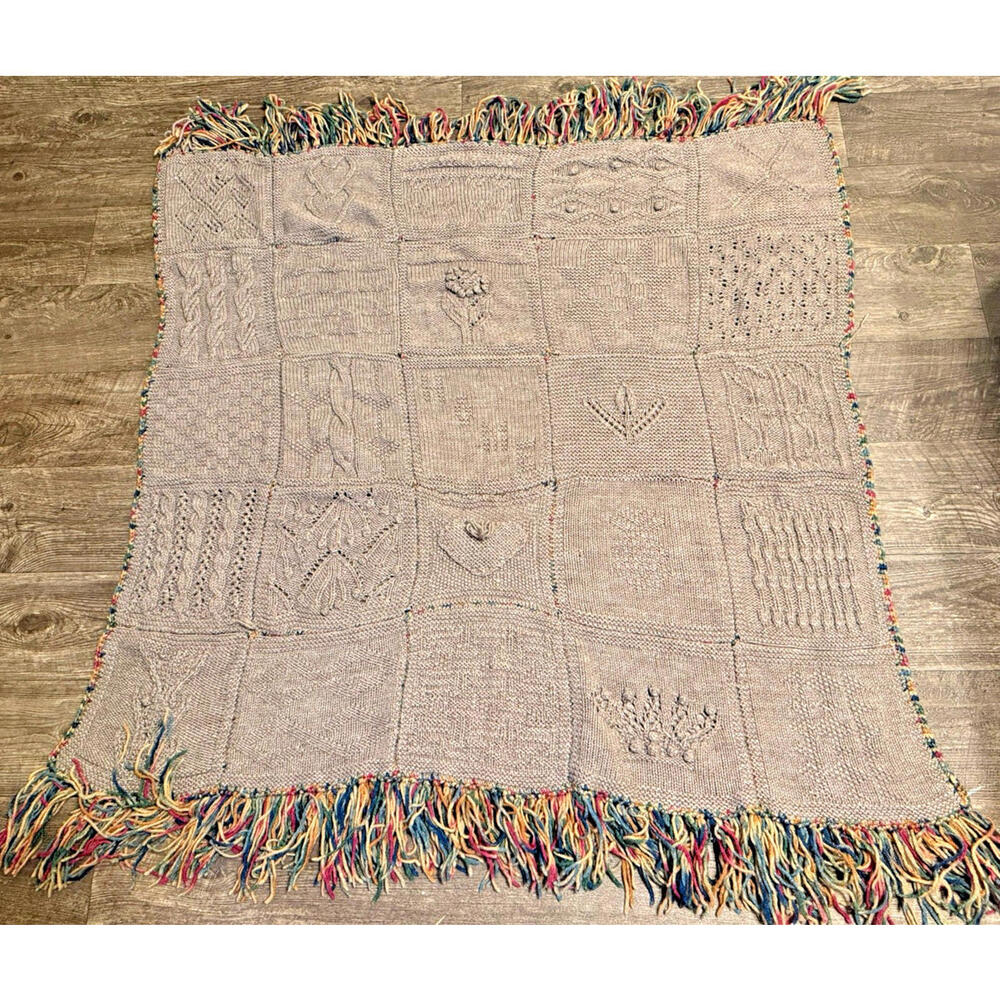handmade brown crochet afghan / throw blanket with rainbow fringed edging